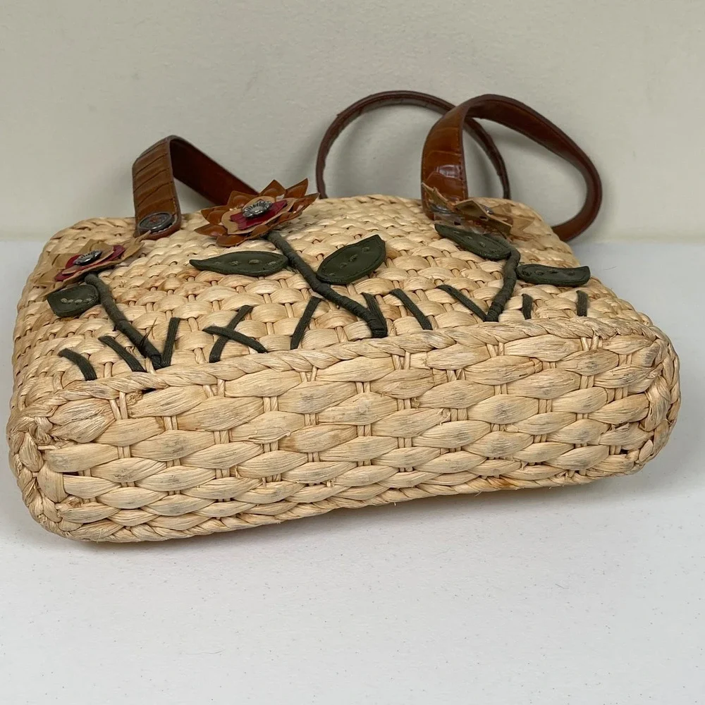 Vintage Elka Woven Straw Floral Applique Satchel Purse Handbag‎ Boho Cottage